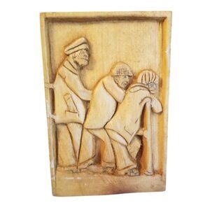 Hand Carved Low Relief Vtg Folk Art Whittled Carving Plaque Artist Made Sailors